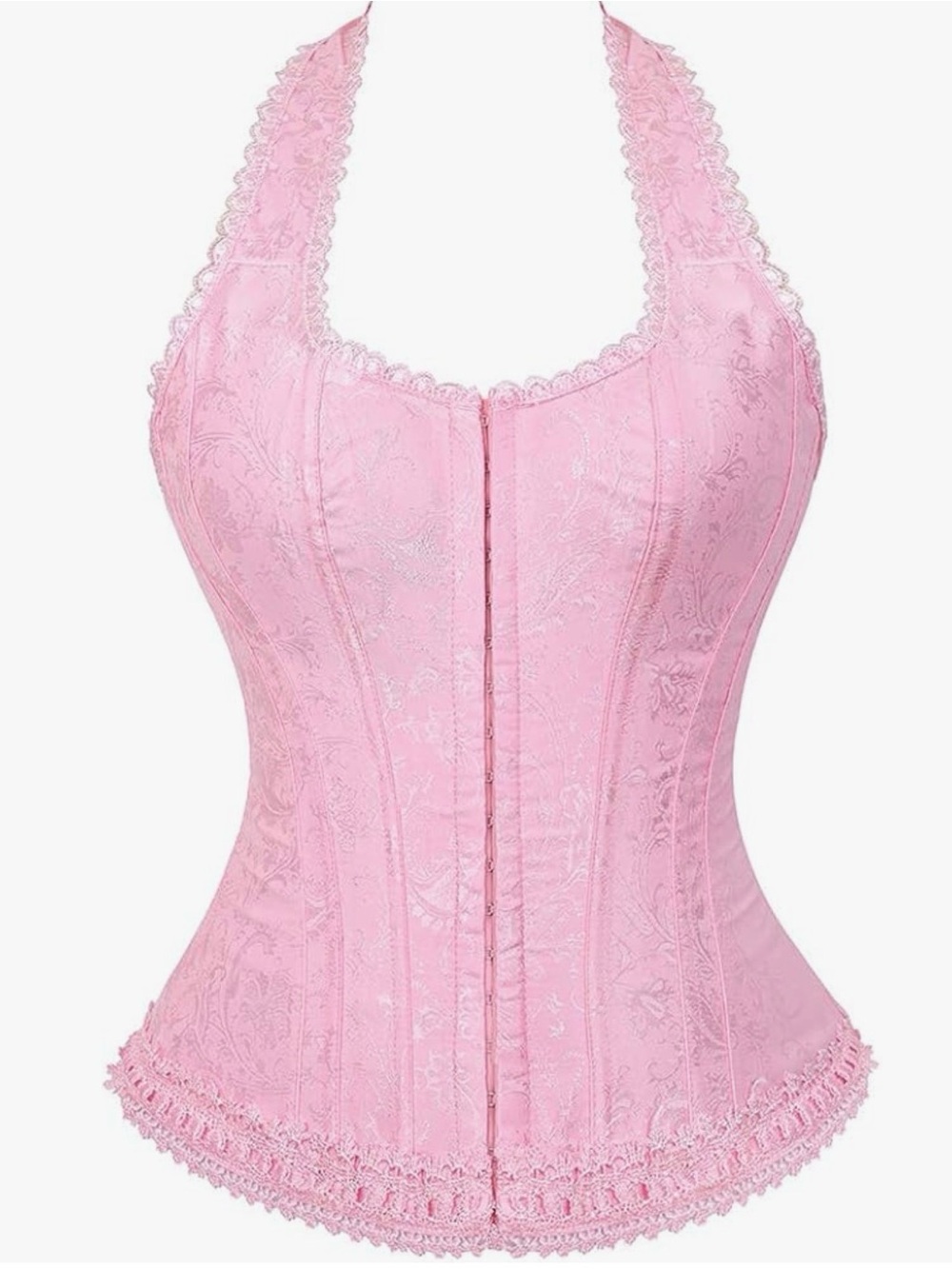 Pink Halter Lace-Trim Corset Top